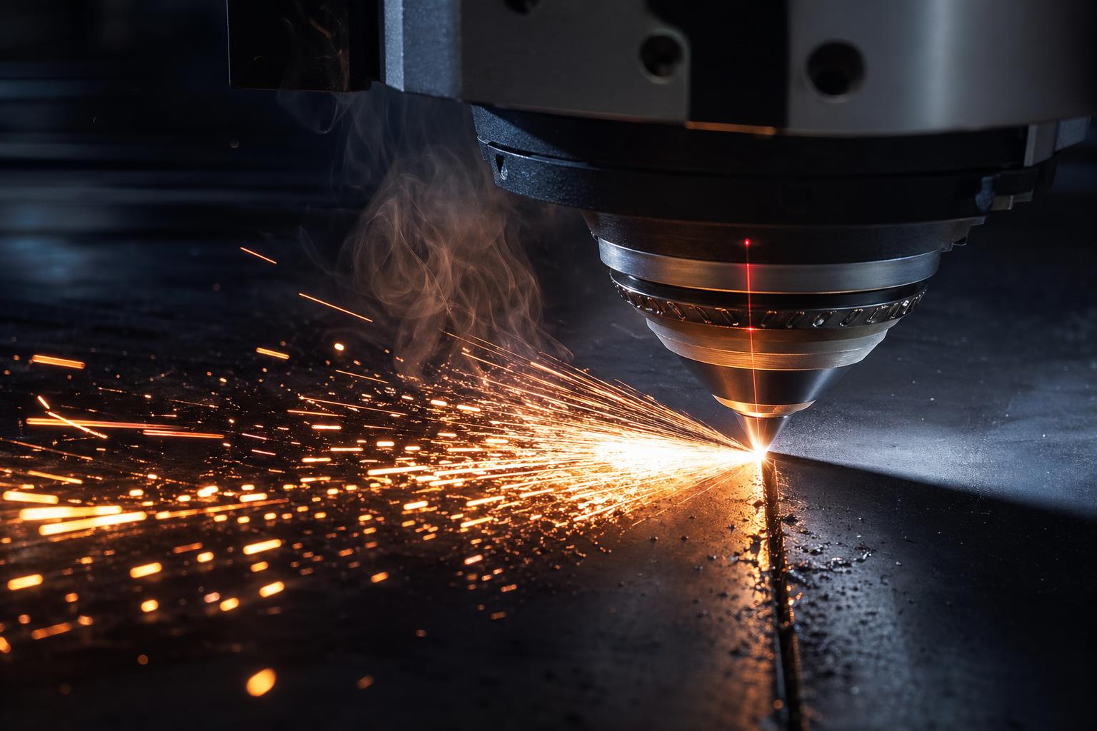Extreme close-up of a fibre laser cutting head slicing steel plate, sparks erupting from the cut.