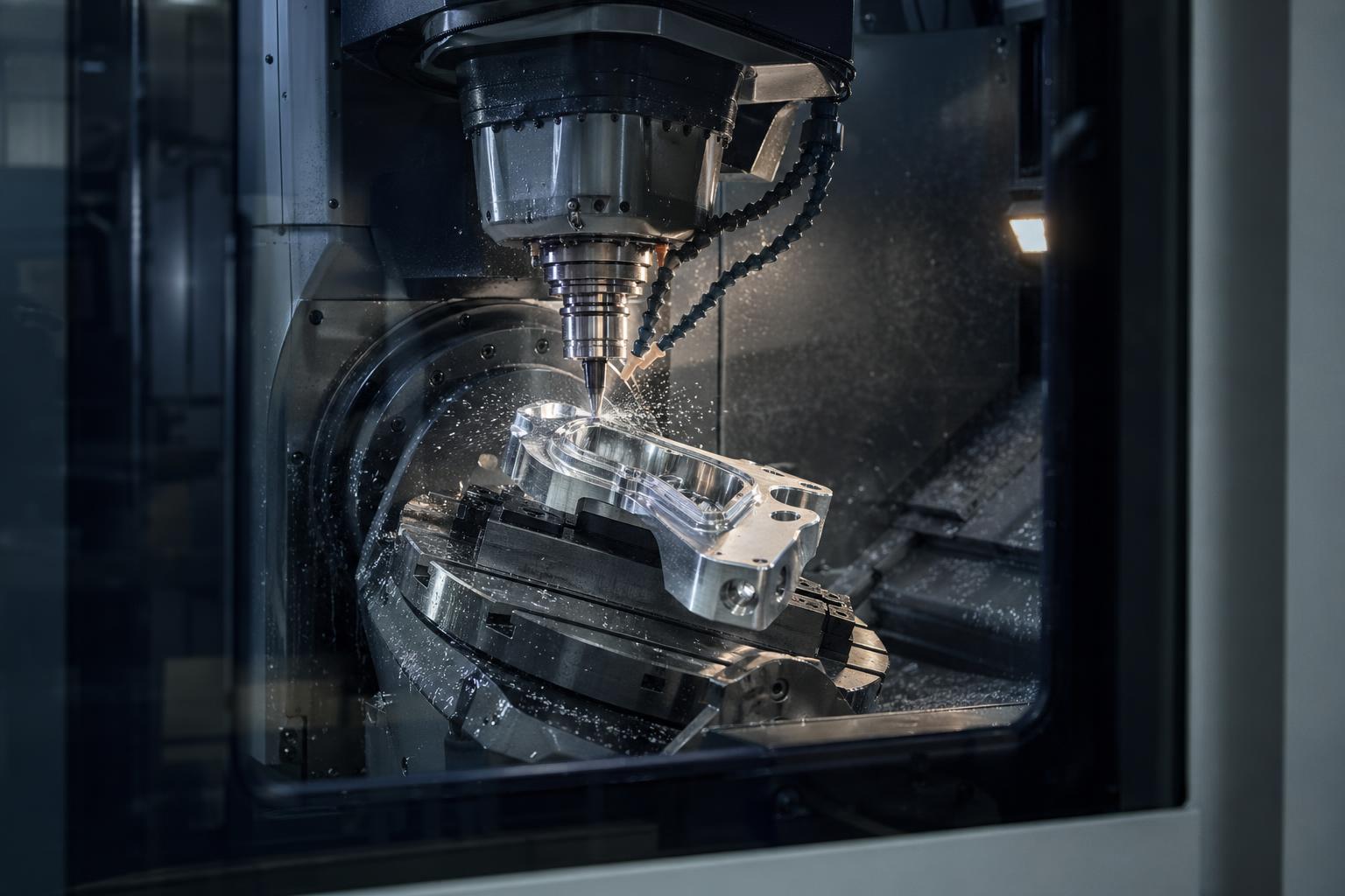 Live 5-axis CNC machining centre cutting an aluminium aerospace bracket inside an industrial workshop.