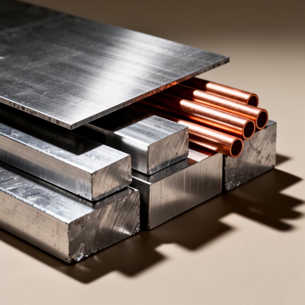 Stacked steel sheets, aluminium billets and engineering plastics. Raw industrial materials sourced globally.